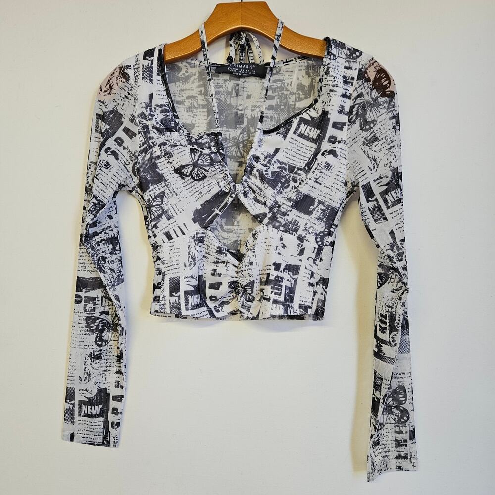 Primark Black and White Newspaper Print Crop Top‎ Size XS Sheer Long Sleeve Y2K